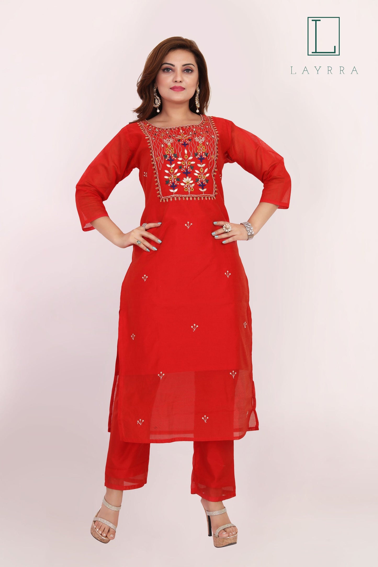 Women Red Ethnic Floral Embroidered Kurta with Red Pants - Complete Set