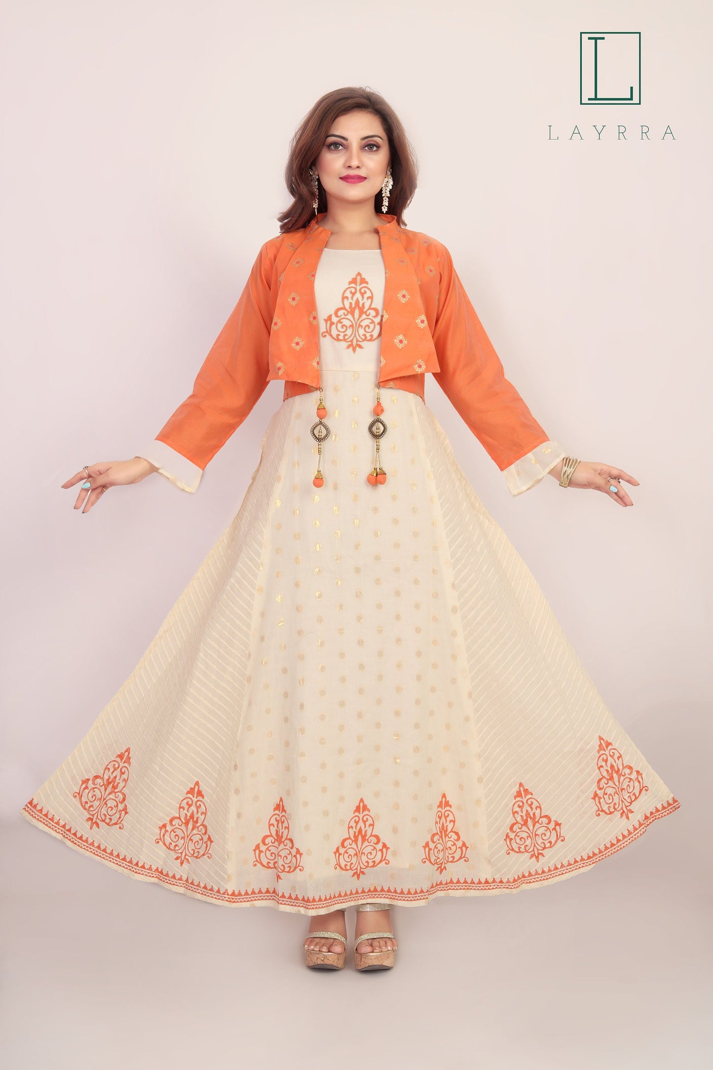 Women Peach & White Golden Ethnic Motifs Print Koti Style Embroidered Anarkali Kurta - Complete Set