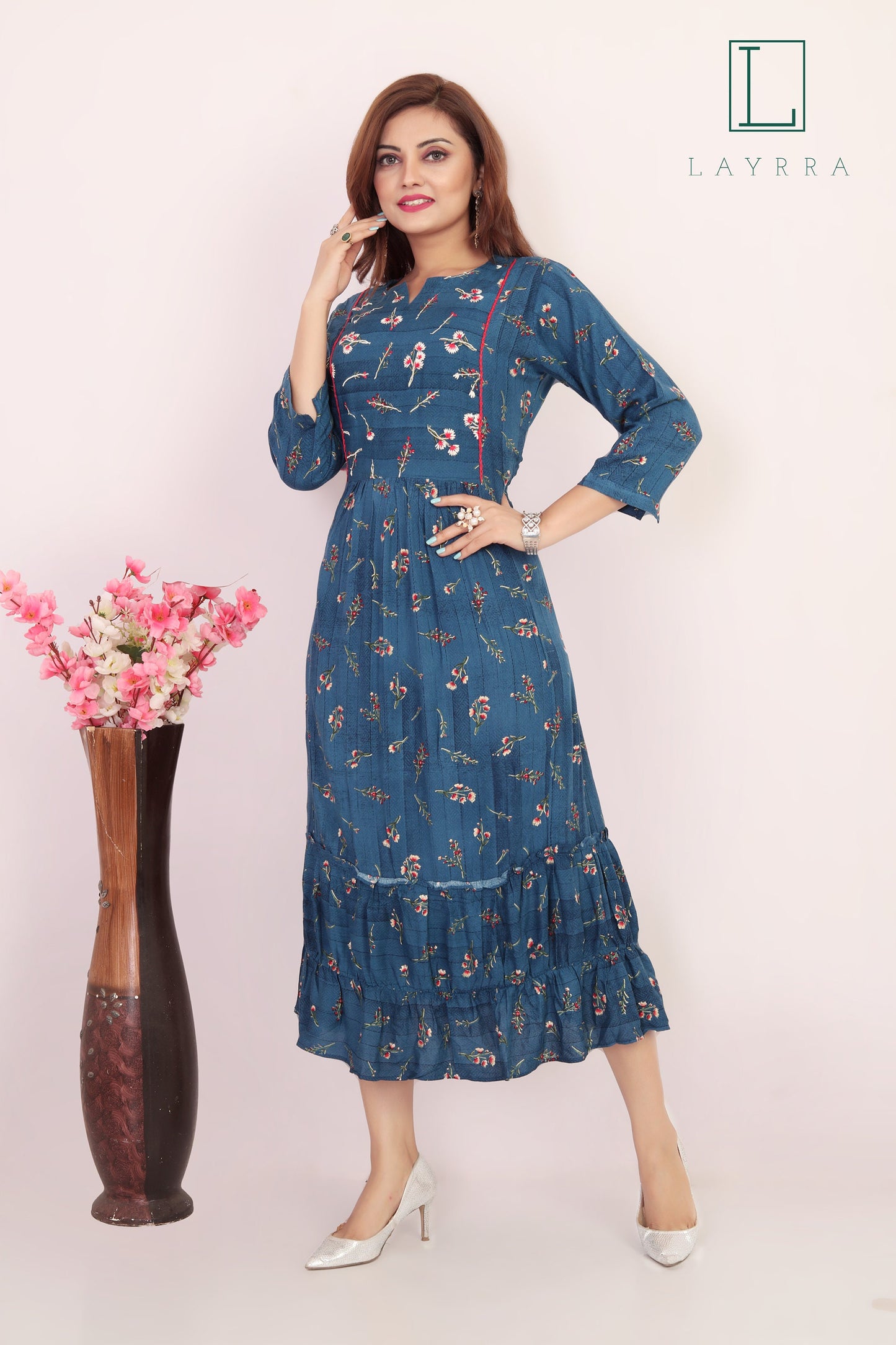 Women Turkish Blue Ethnic Floral Print Embroidered Kurta