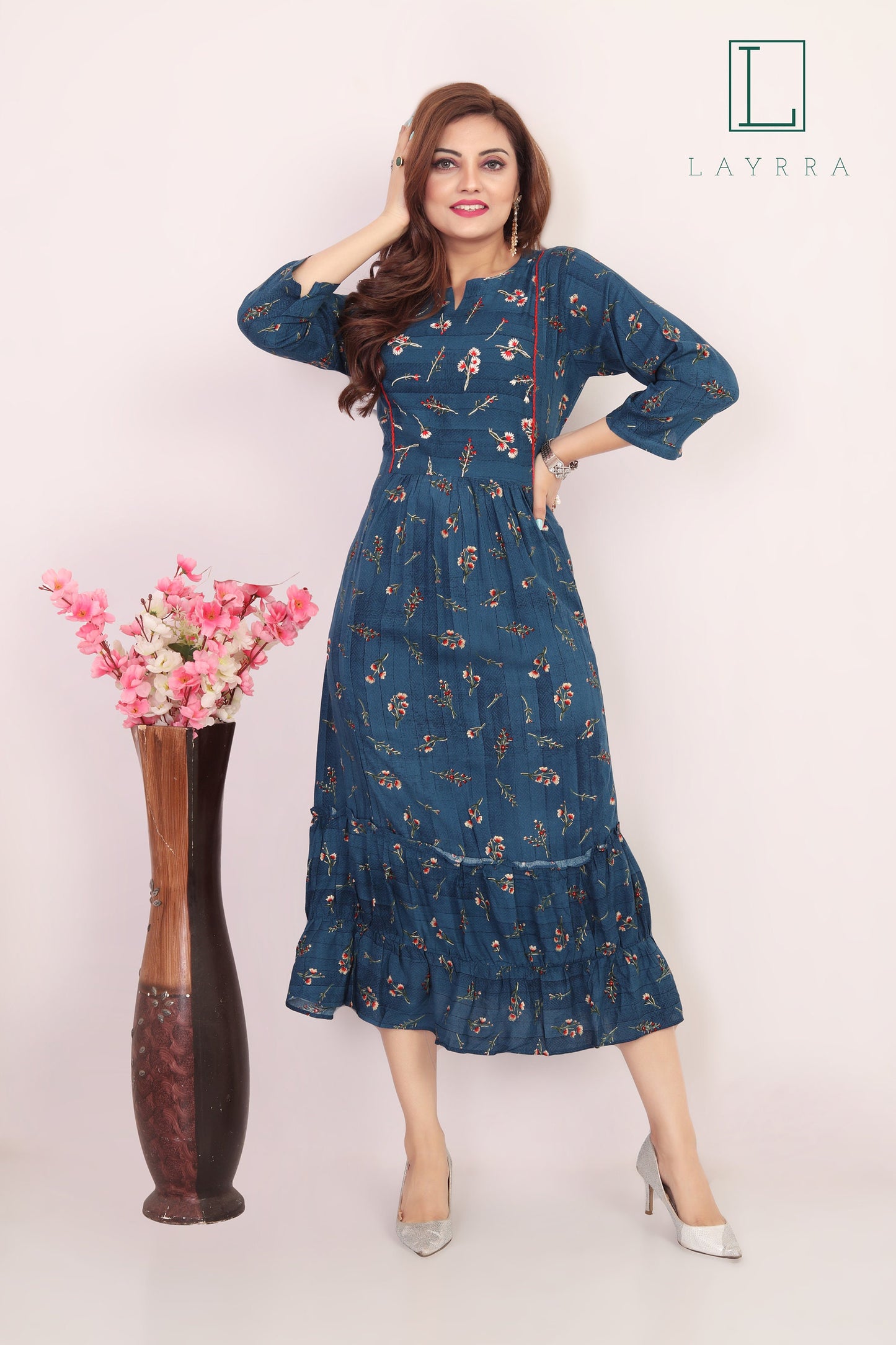 Women Turkish Blue Ethnic Floral Print Embroidered Kurta