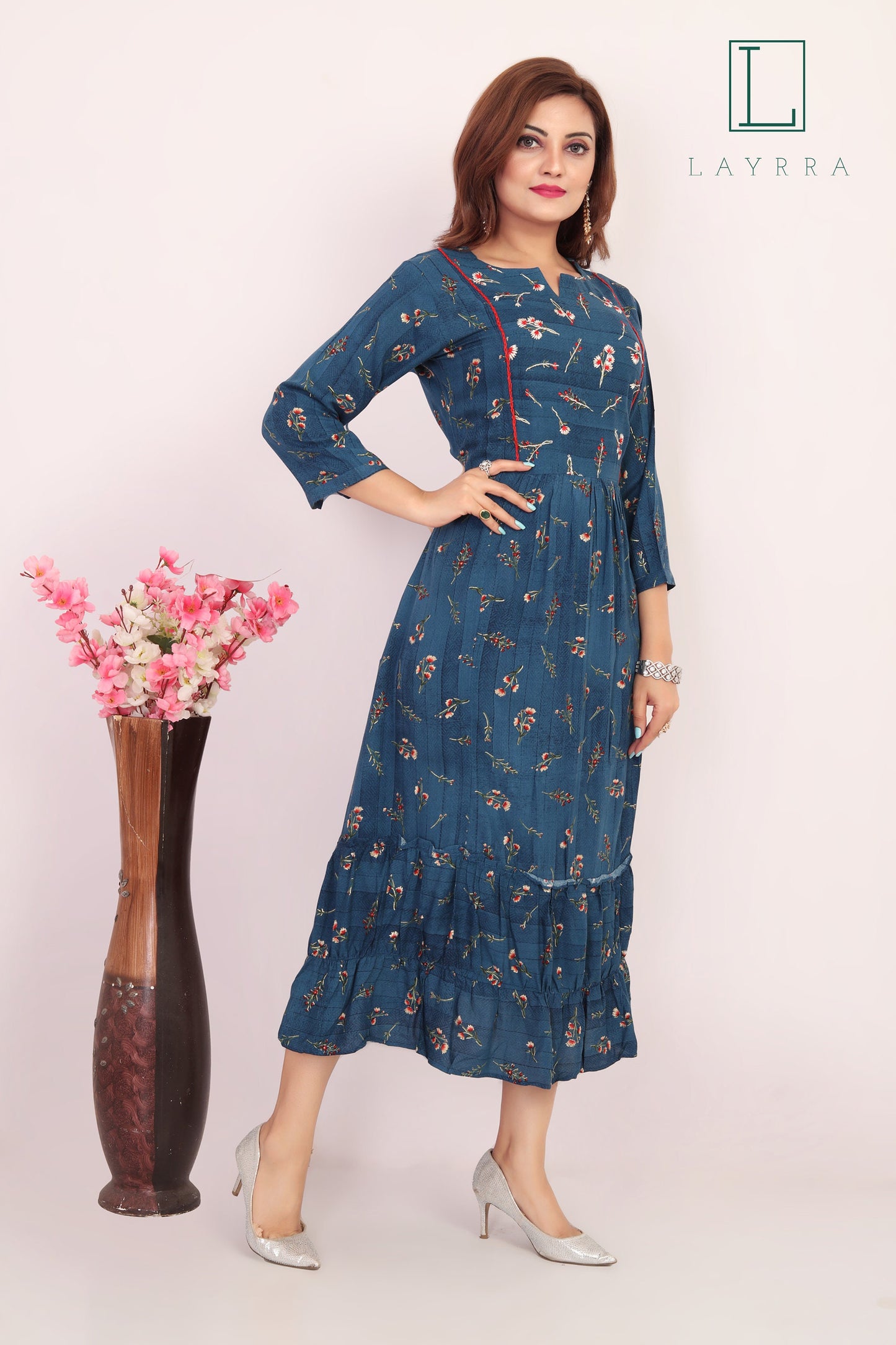 Women Turkish Blue Ethnic Floral Print Embroidered Kurta