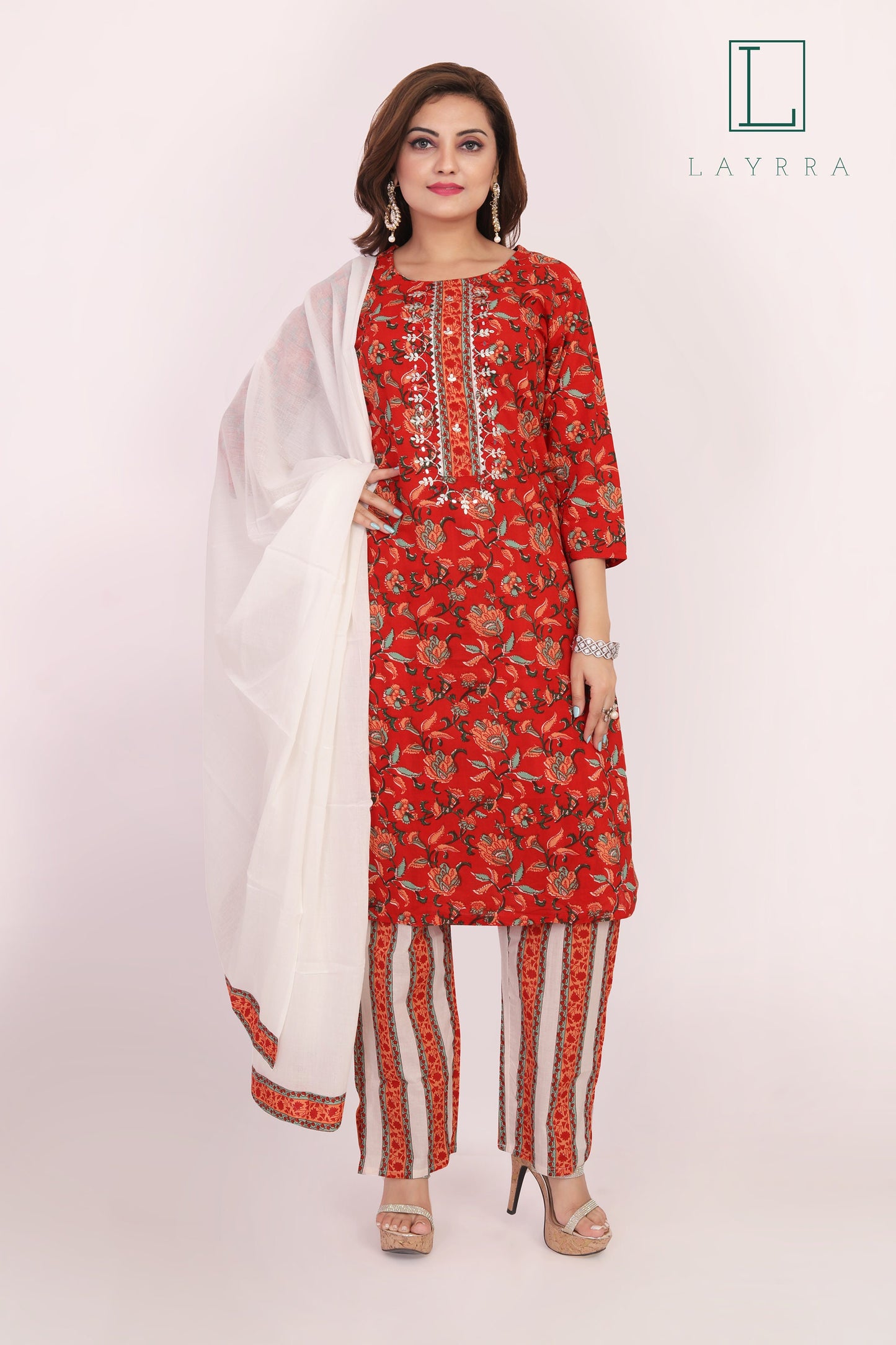 Women Red Orange and White Floral Print Embroidered Work Kurta with Pants & Dupatta - Complete Set