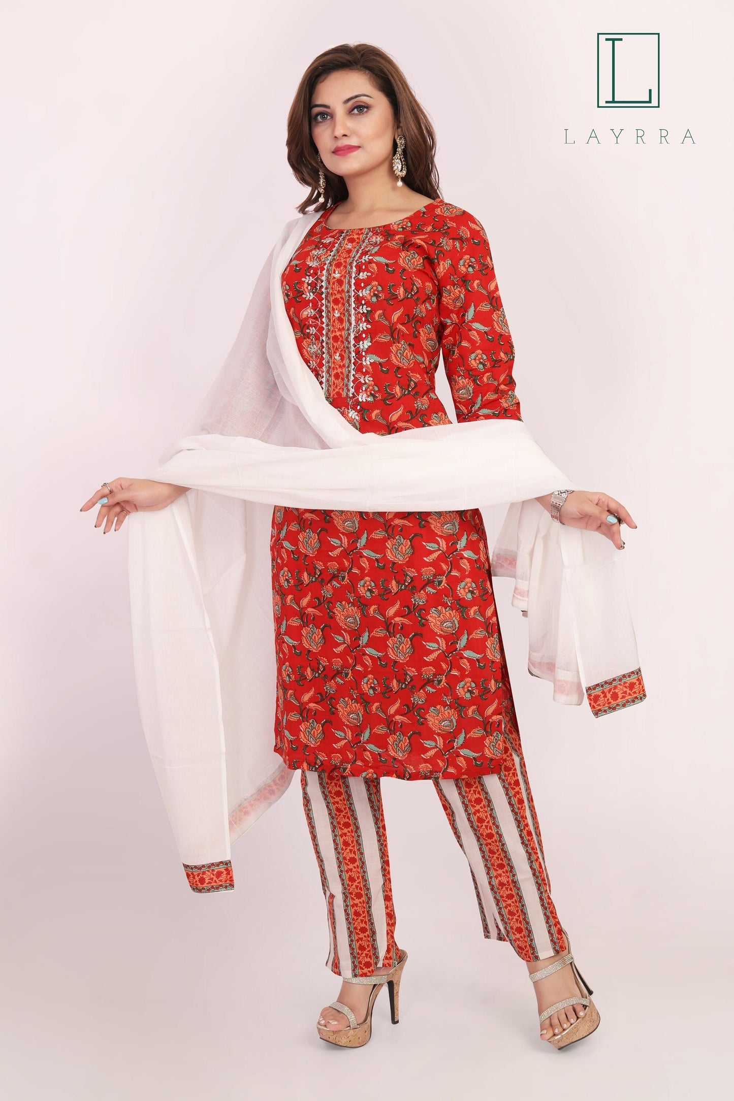 Women Red Orange and White Floral Print Embroidered Work Kurta with Pants & Dupatta - Complete Set