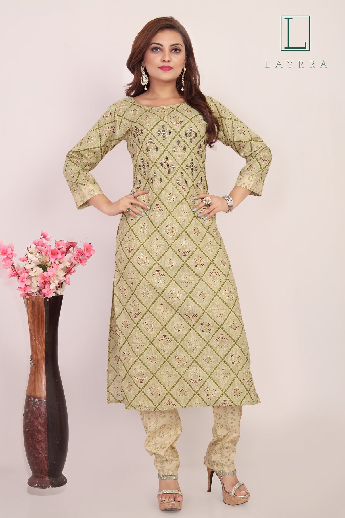 Women Thistle Green Motifs Print Mirror Work Kurta with Pants - Complete Set