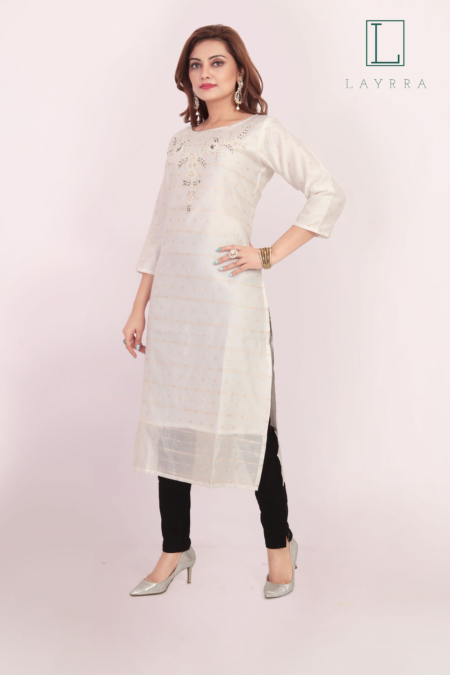 Women White & Gold Ethnic Floral Embroidered Moti Kurta with Trousers