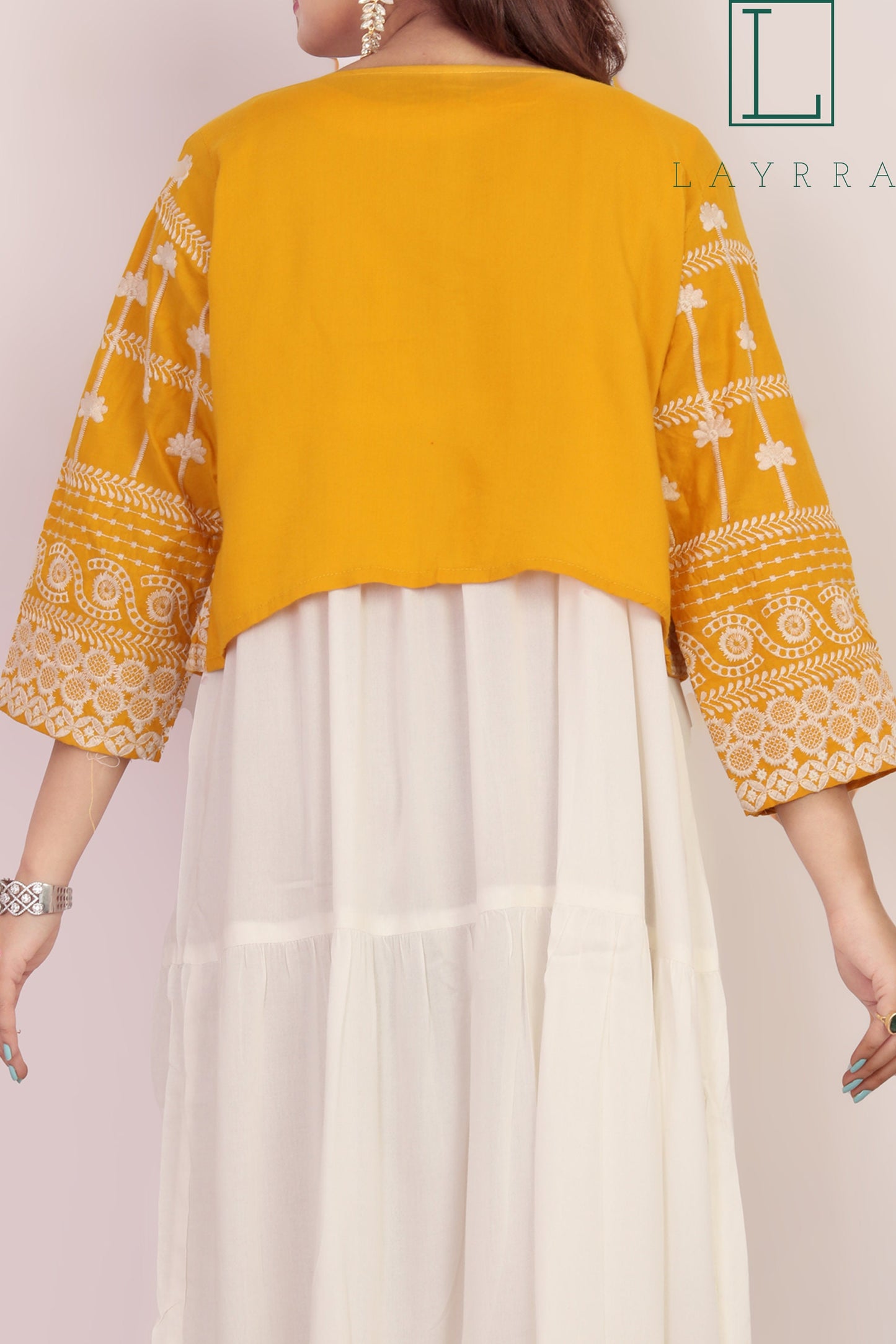 Women Yellow, White & Golden Ethnic Koti Style Embroidered Kurta - Complete Set