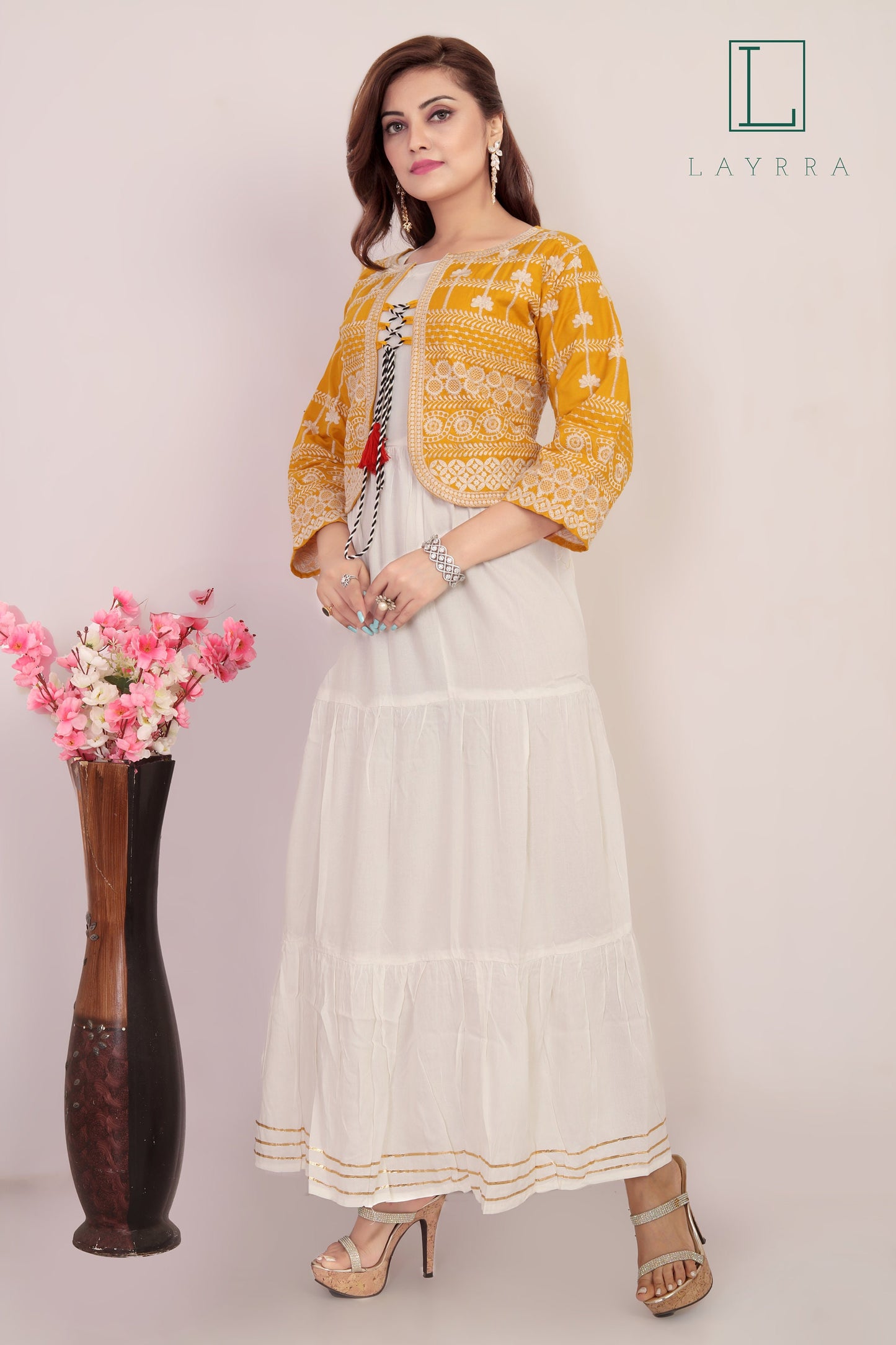 Women Yellow, White & Golden Ethnic Koti Style Embroidered Kurta - Complete Set