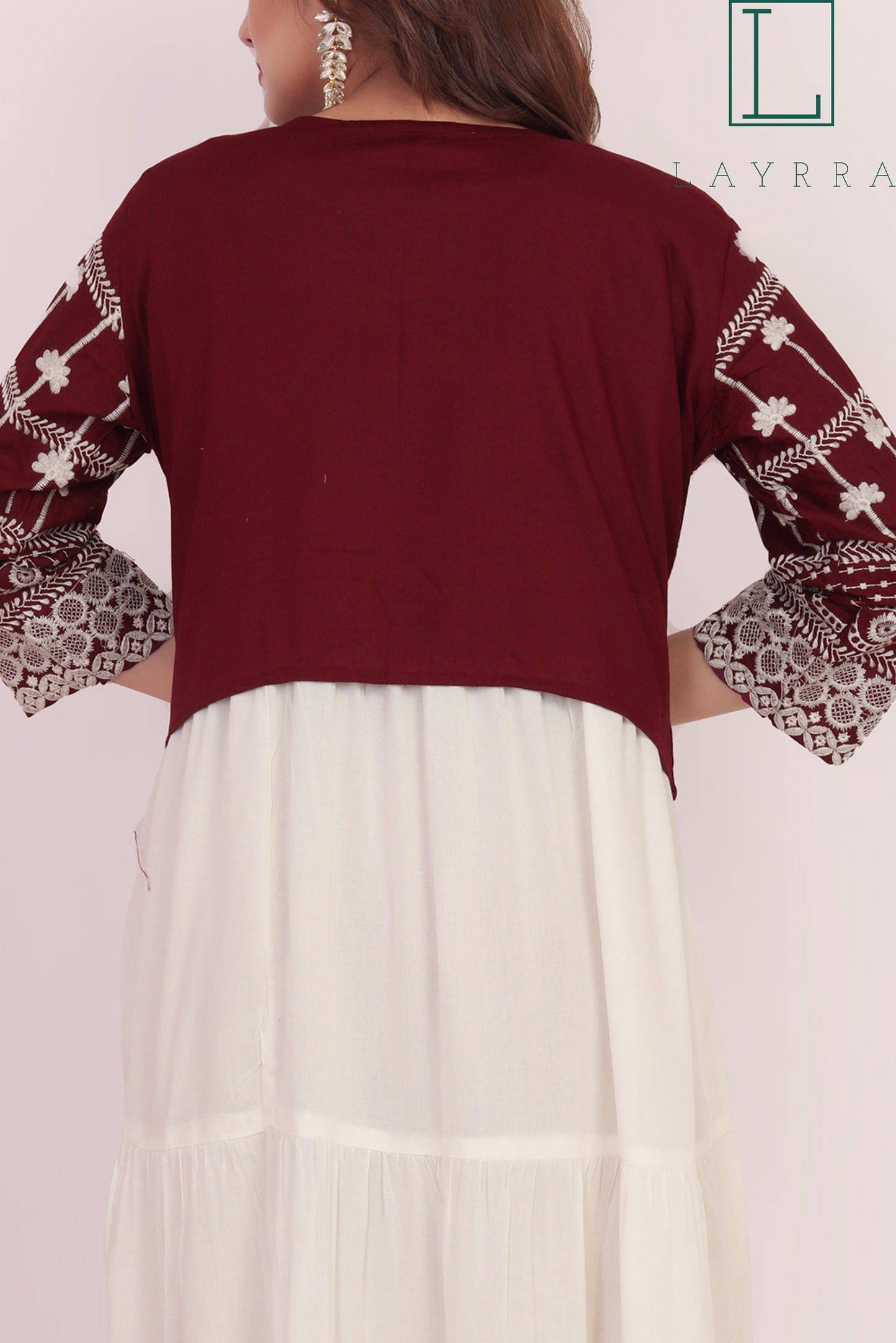 Women Wine Red, White & Golden Ethnic Koti Style Embroidered Kurta - Complete Set