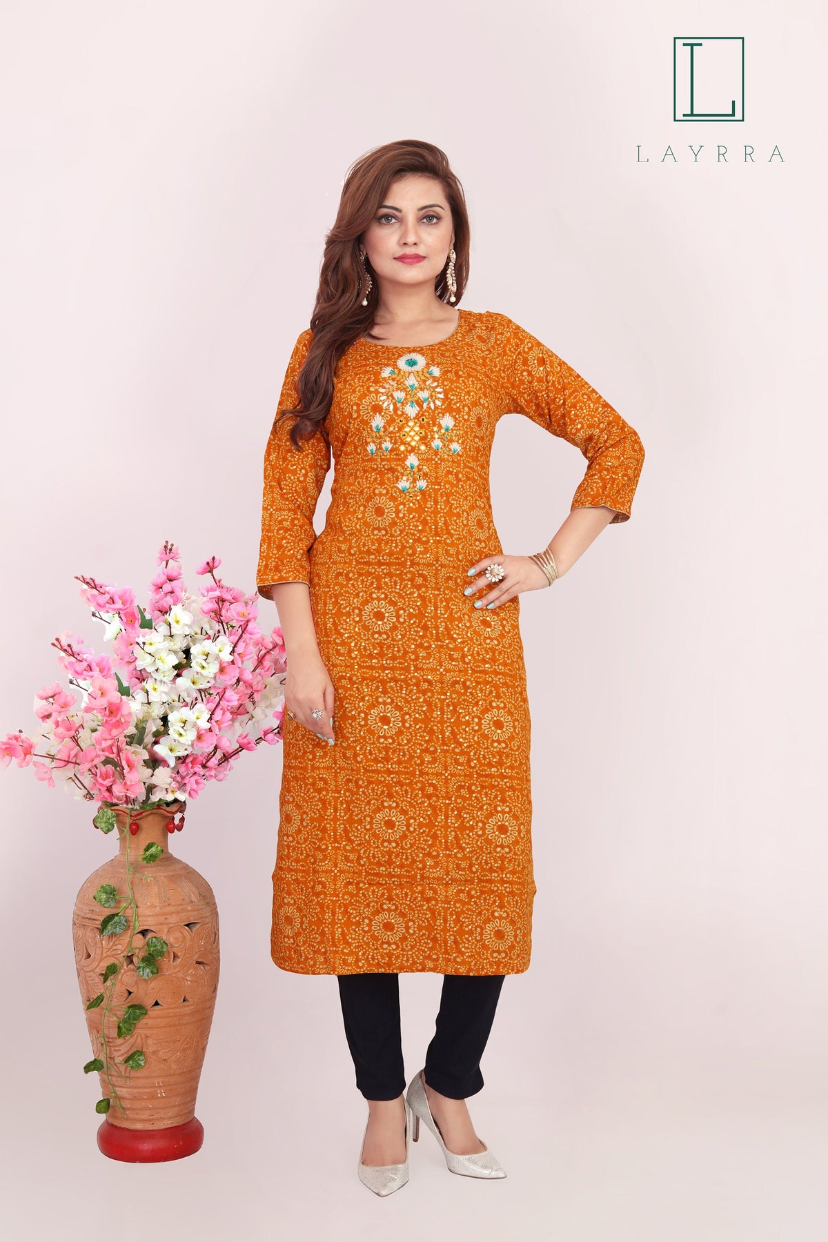 Women Orange Ethnic Bandhani Print Embroidered Mirror Work Kurta with Trousers