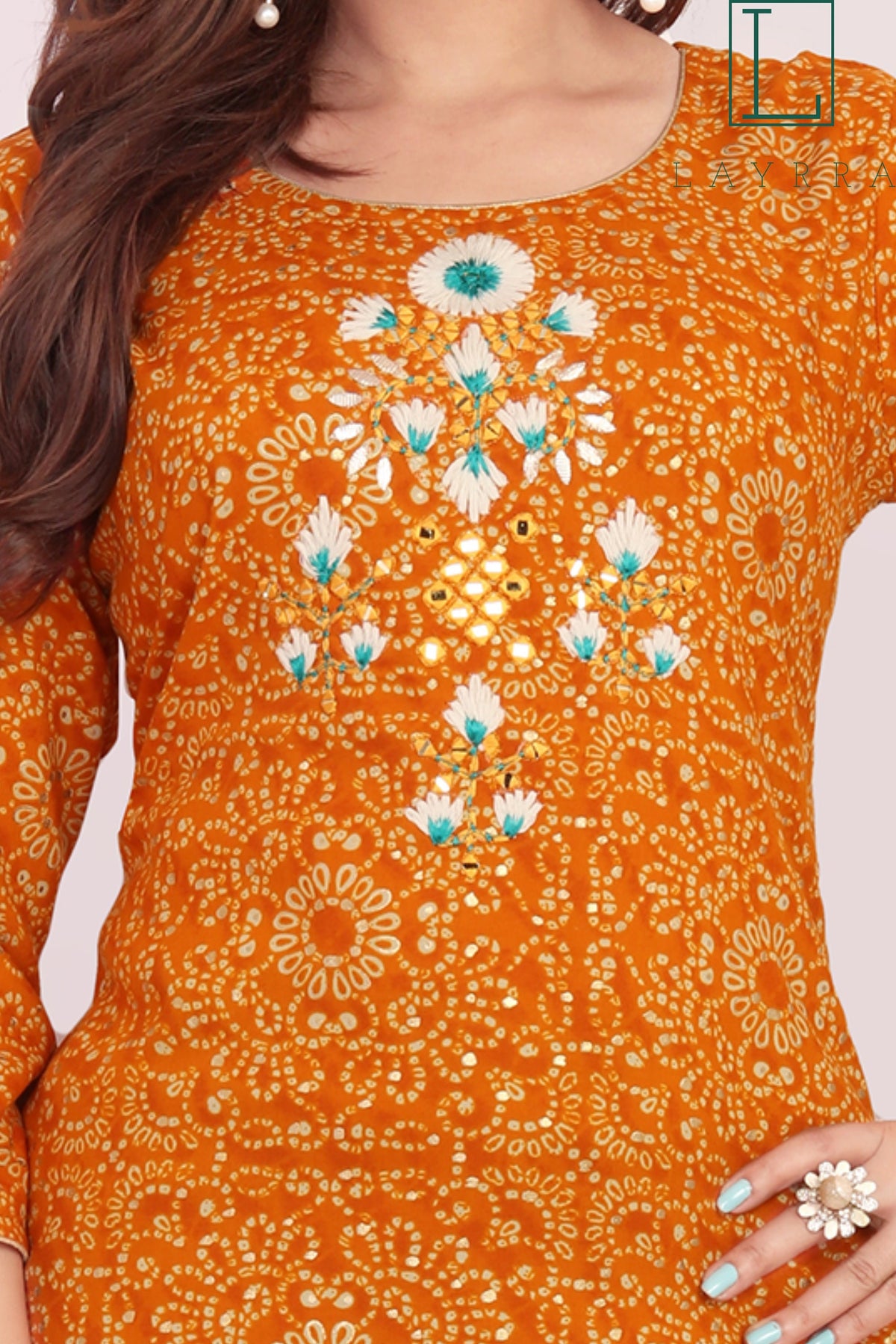 Women Orange Ethnic Bandhani Print Embroidered Mirror Work Kurta with Trousers