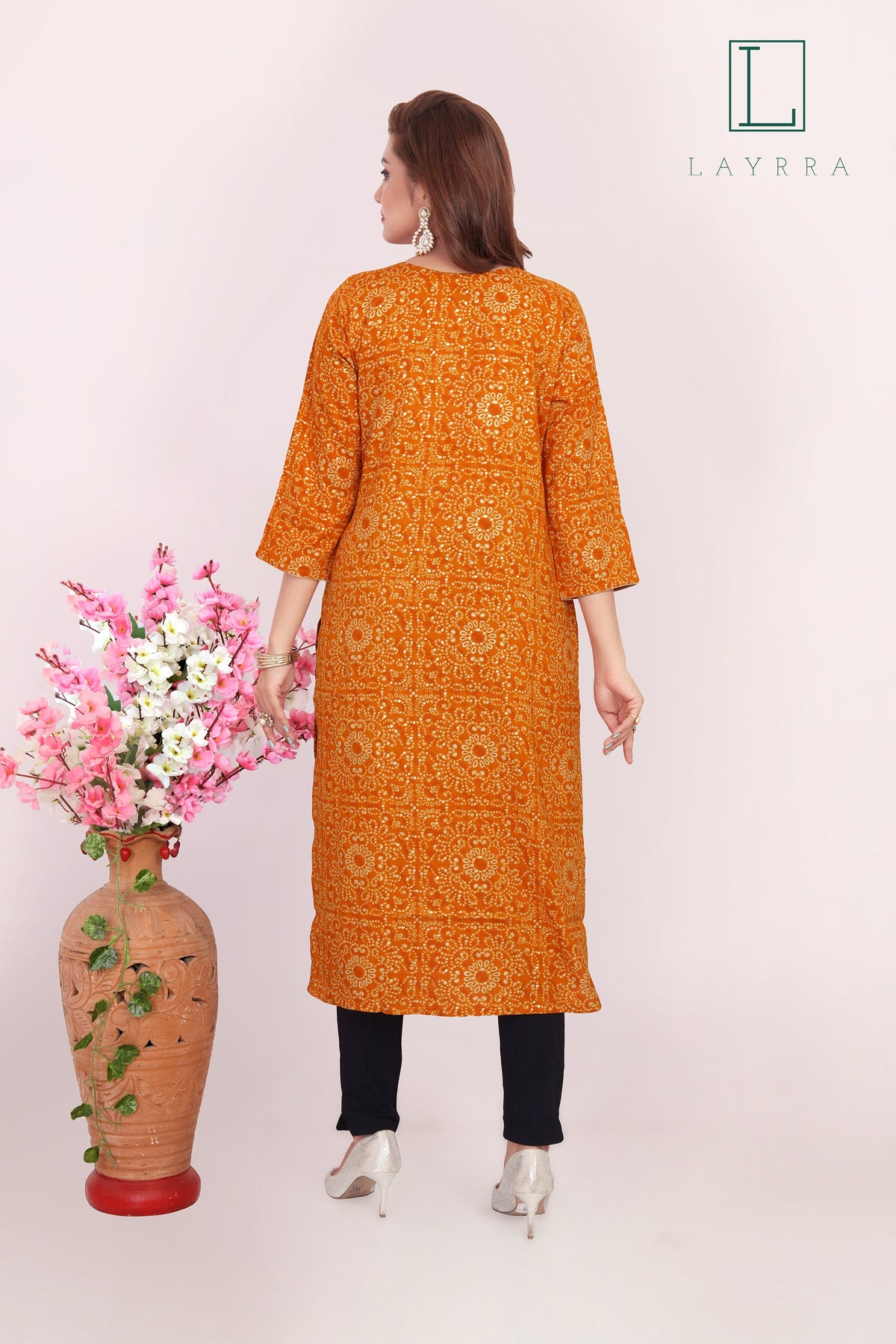 Women Orange Ethnic Bandhani Print Embroidered Mirror Work Kurta with Trousers