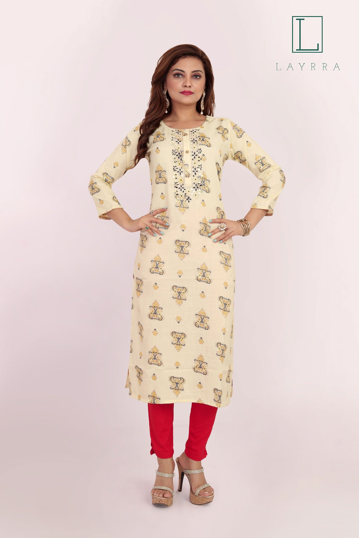 Women Light Yellow Ethnic Motifs Print Embroidered Mirror Work Kurta with Trousers
