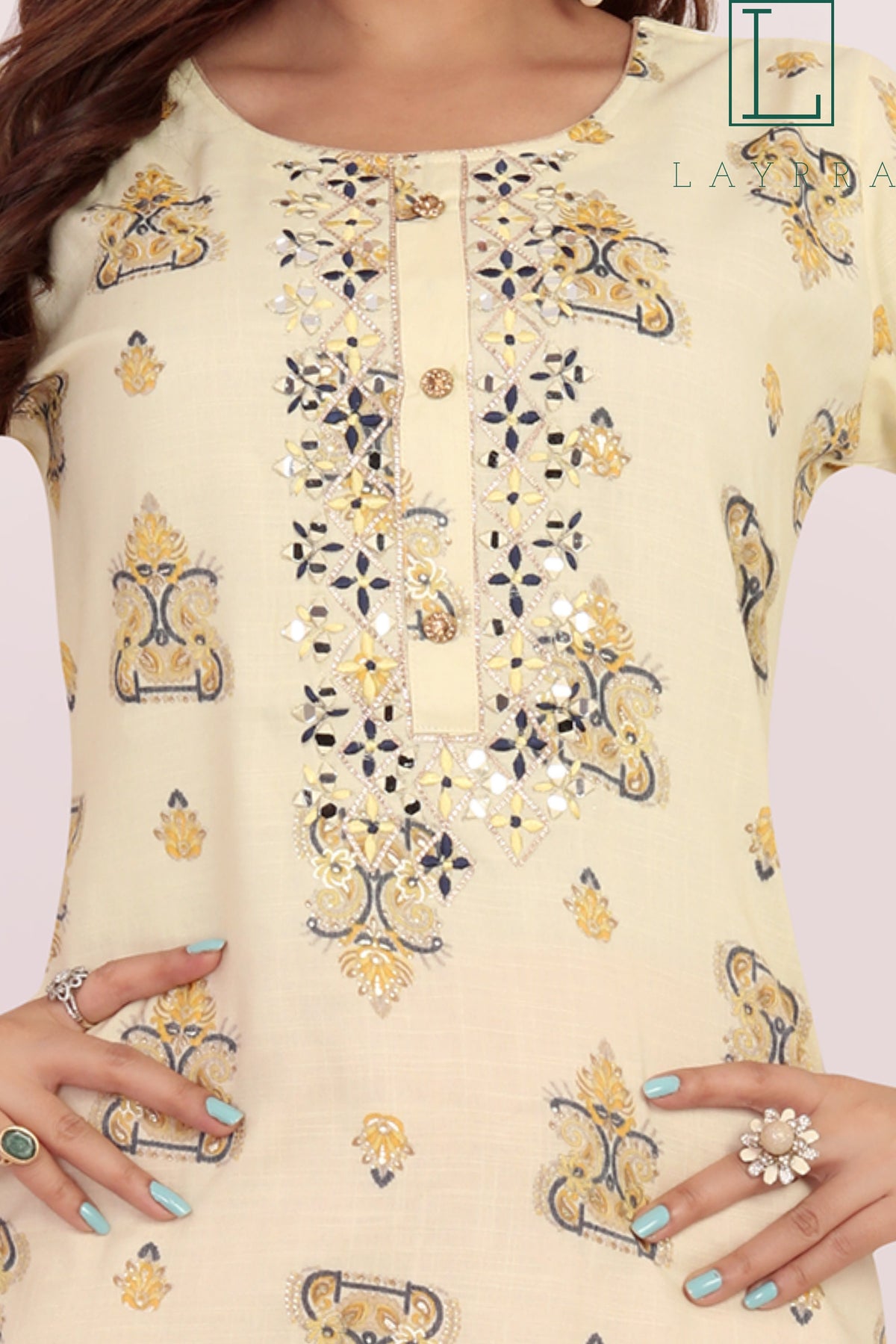 Women Light Yellow Ethnic Motifs Print Embroidered Mirror Work Kurta with Trousers