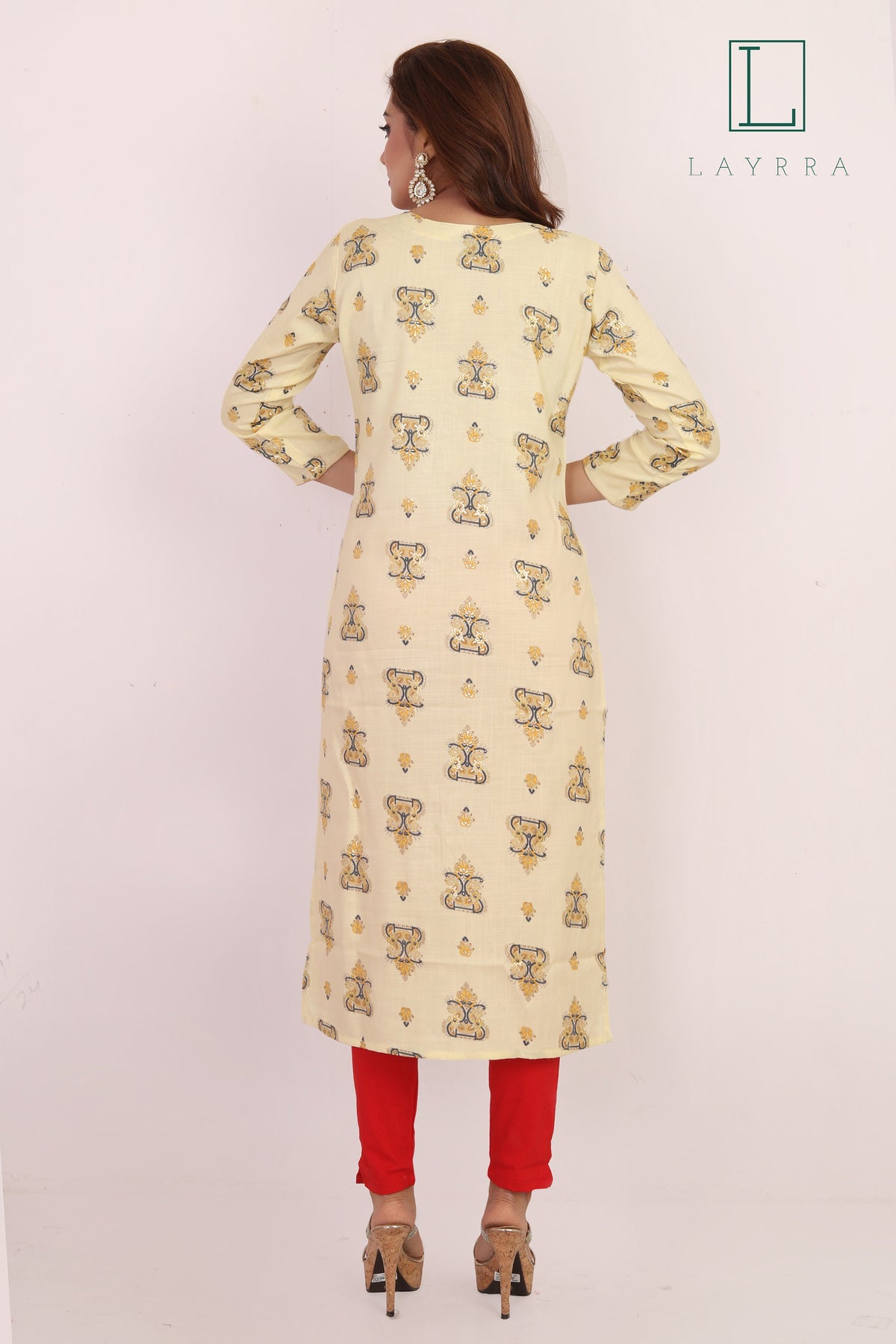 Women Light Yellow Ethnic Motifs Print Embroidered Mirror Work Kurta with Trousers