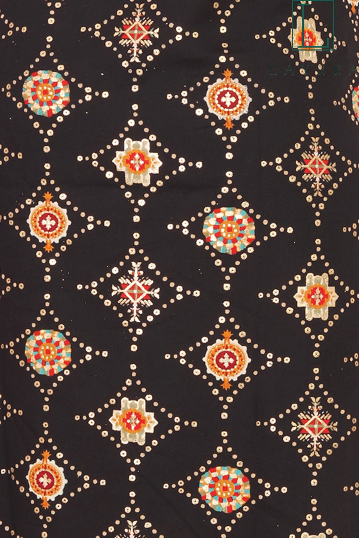 Women Black & Gold Ethnic Motifs Print Embroidered Mirror Work Kurta with Trousers