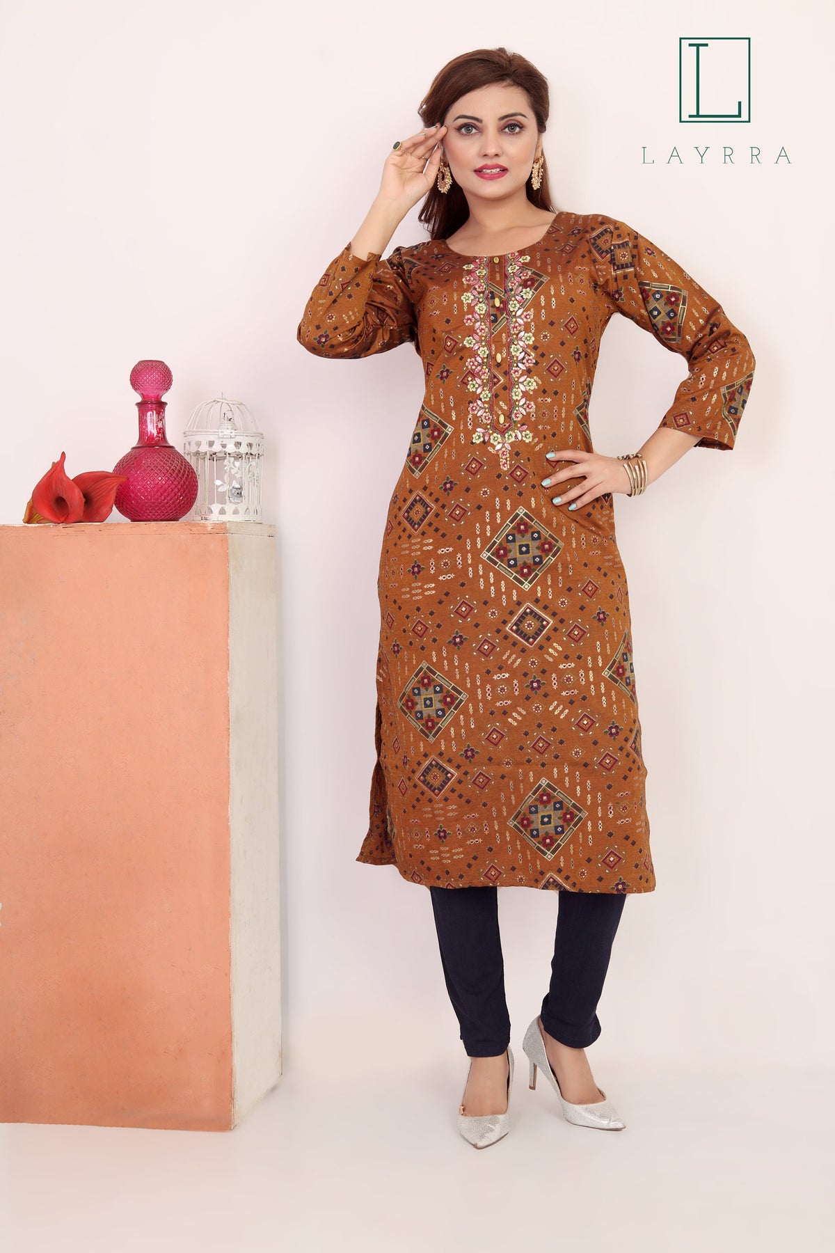 Women Mud Brown & Gold Ethnic Motifs Print Embroidered Kurta with Trousers