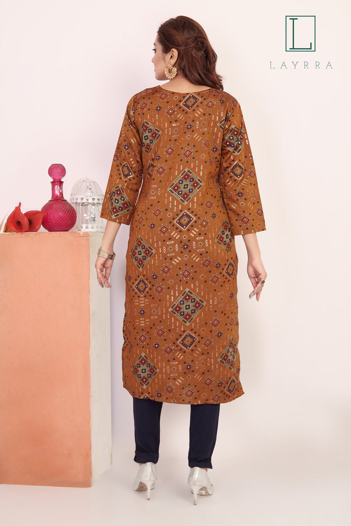 Women Mud Brown & Gold Ethnic Motifs Print Embroidered Kurta with Trousers
