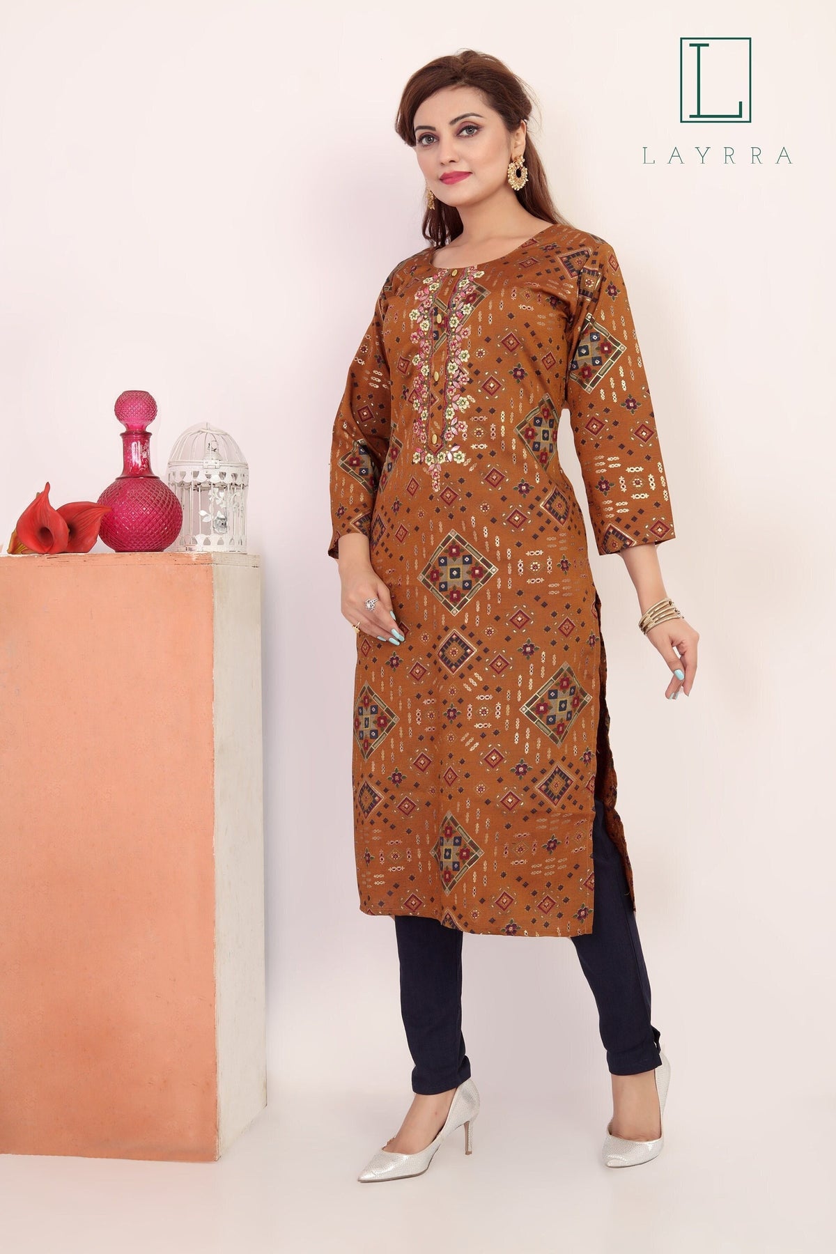 Women Mud Brown & Gold Ethnic Motifs Print Embroidered Kurta with Trousers