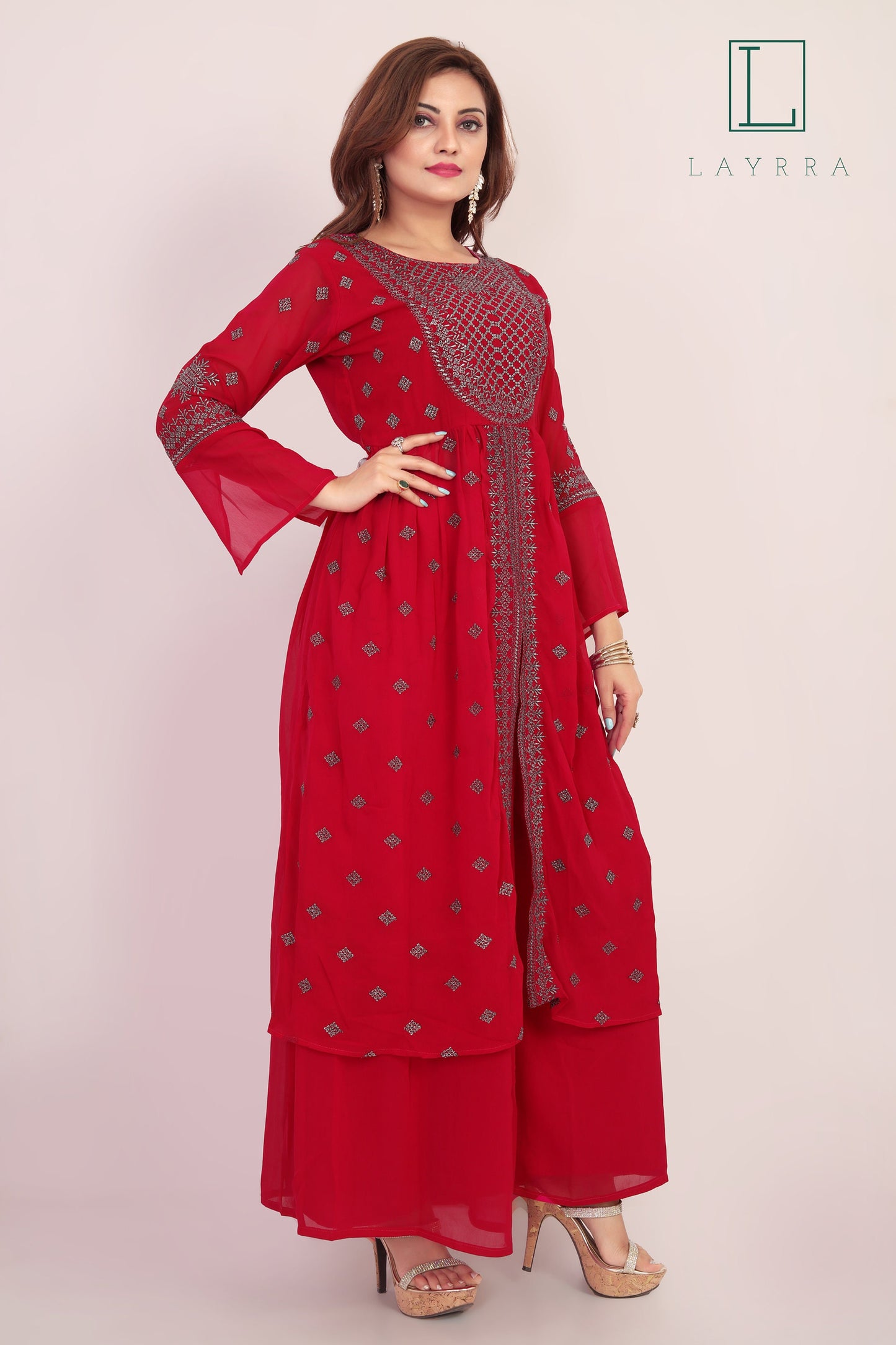 Women Wine Red & Silver Ethnic Embroidered Kurta with Palazzos and with Dupatta - Complete Set