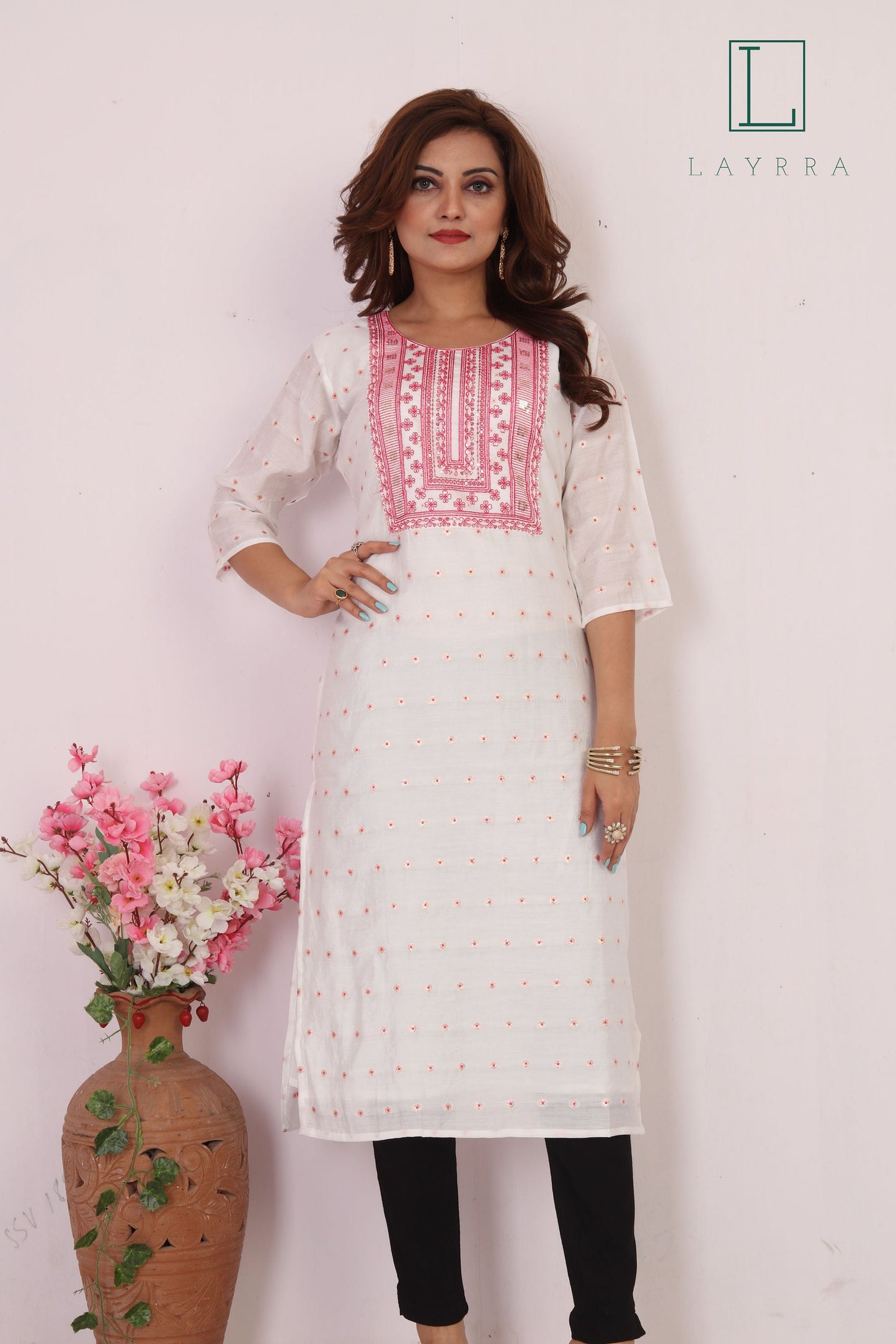 Women White Pink & Gold Motifs Sequinned Embroidered Kurta with Trousers