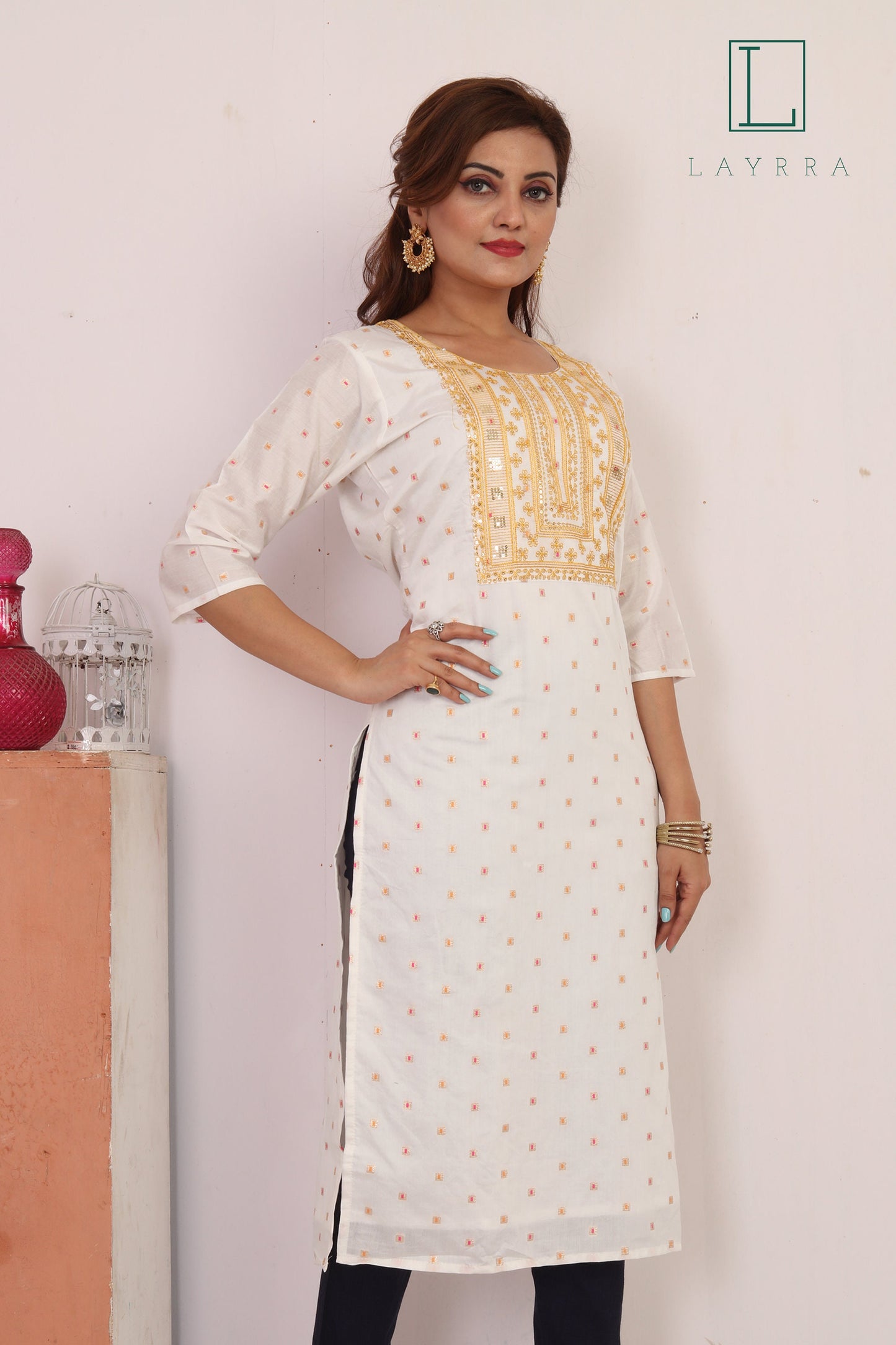 Women White Yellow & Gold Motifs Sequinned Embroidered Kurta with Trousers