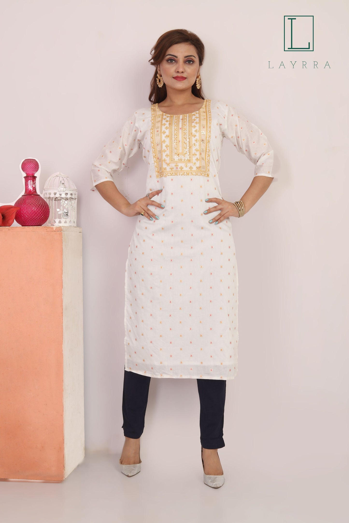 Women White Yellow & Gold Motifs Sequinned Embroidered Kurta with Trousers