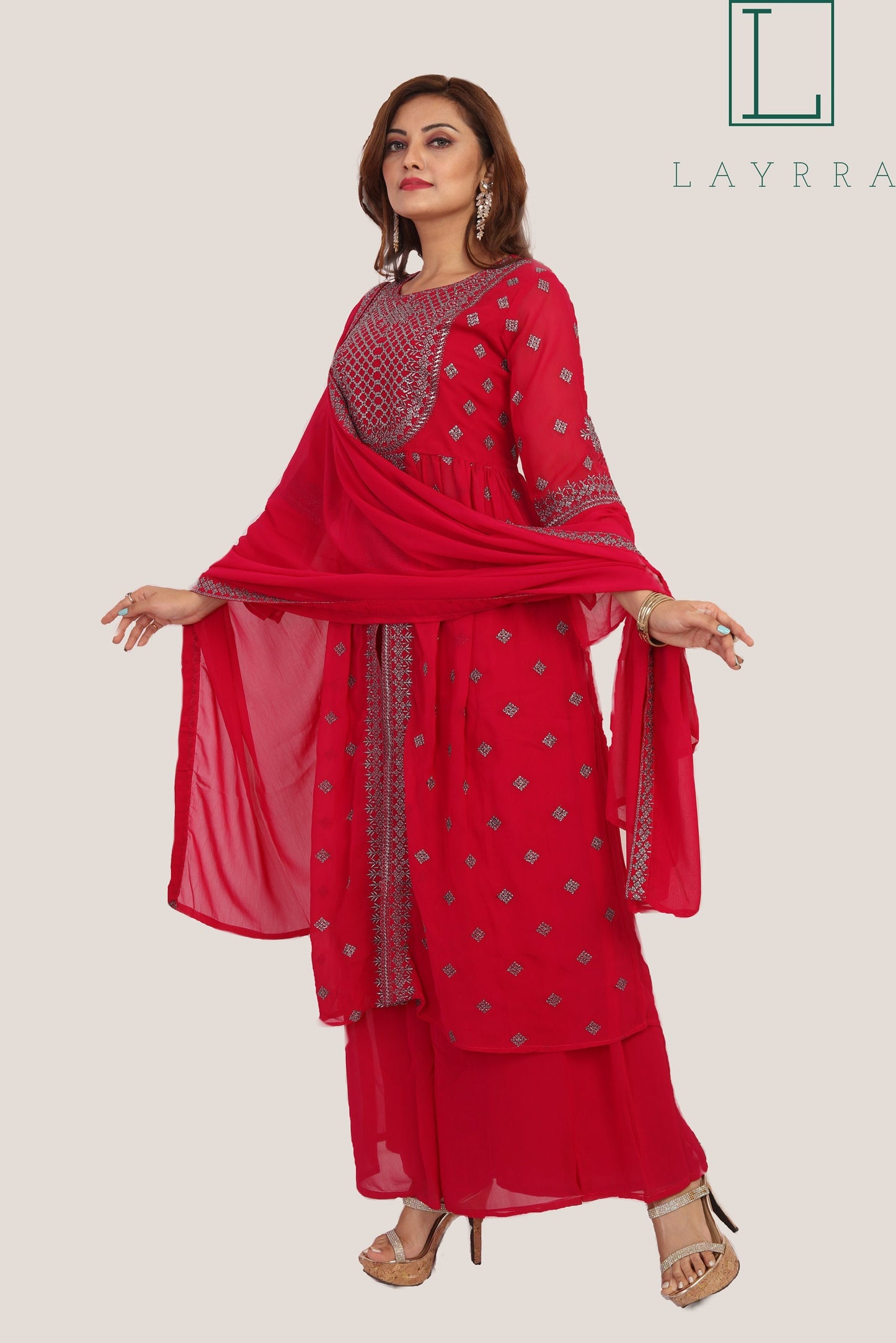 Women Wine Red & Silver Ethnic Embroidered Kurta with Palazzos and with Dupatta - Complete Set